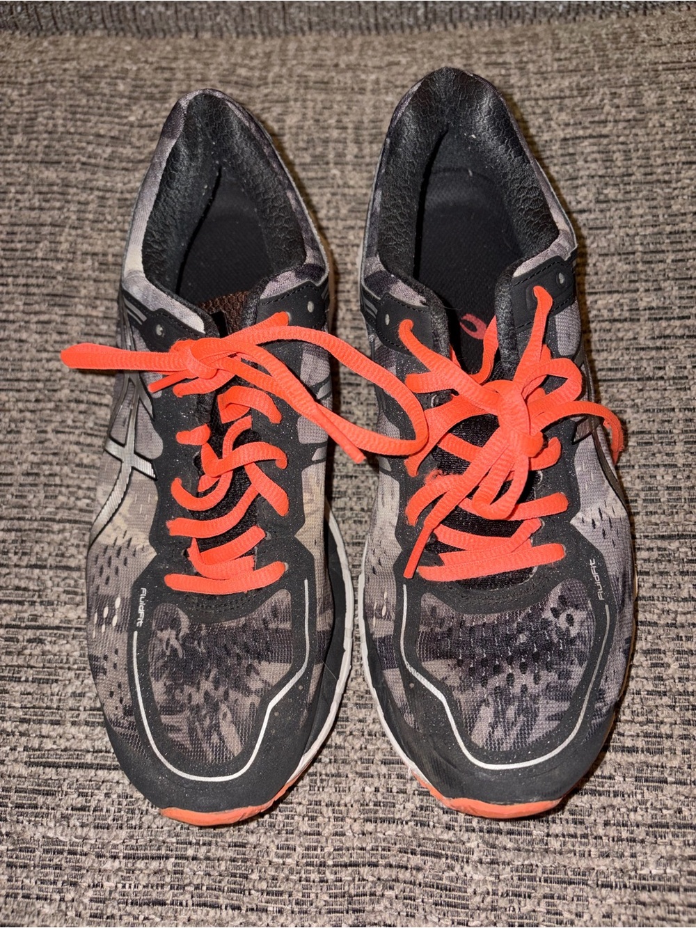 Asics Black Gray Athletic Running Shoes with Orange Laces